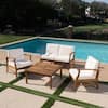 Noble House Perla Teak Brown 5-Piece Wood Outdoor Patio Conversation Seating Set with Cream Cushions 39724