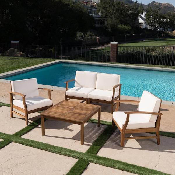 Noble House Perla Teak Brown 5-Piece Wood Outdoor Patio Conversation Seating Set with Cream Cushions