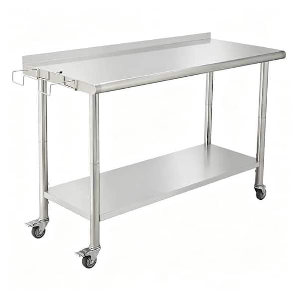 60"x24"x35" Stainless Steel Work Table with Curved Edge, Adjustable Undershelf, Locking Casters & Trash Rack for Kitchen