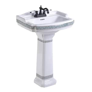 India Reserve 22-7/8 in. Pedestal Bathroom Sink in White Sink Vessel Basin with Green and Gold with Overflow