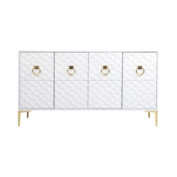 White Wood 65 in. Sideboard with Textured Front and Decorative Ring Pulls