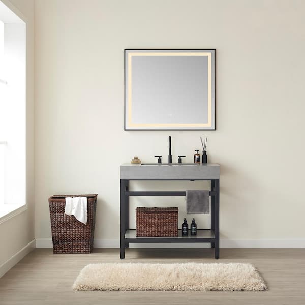 ROSWELL Lleida 36 in. W x 22 in. D x 34 in. H Bath Vanity in Matt Black with Grey Natural Sintered Stone Top