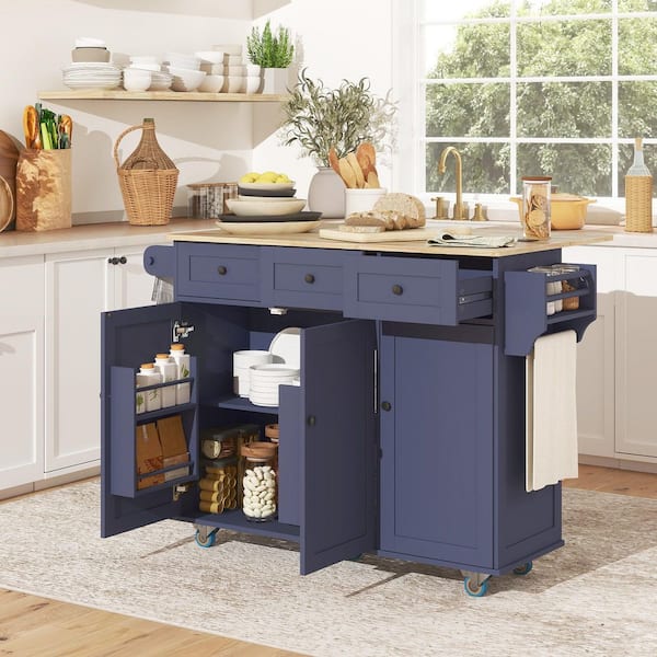 Dark Blue Wood 53.1 in. Kitchen Island with Drop Leaf, Towel and Spice Racks, Drawers, Cabinets, Wheels and Outlets