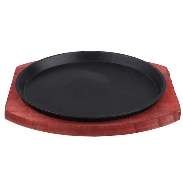 Non-Stick Cast Iron Grill Pan with Wooden Base Sizzling Plate for Steak Fajitas Vegetables Seafood Induction