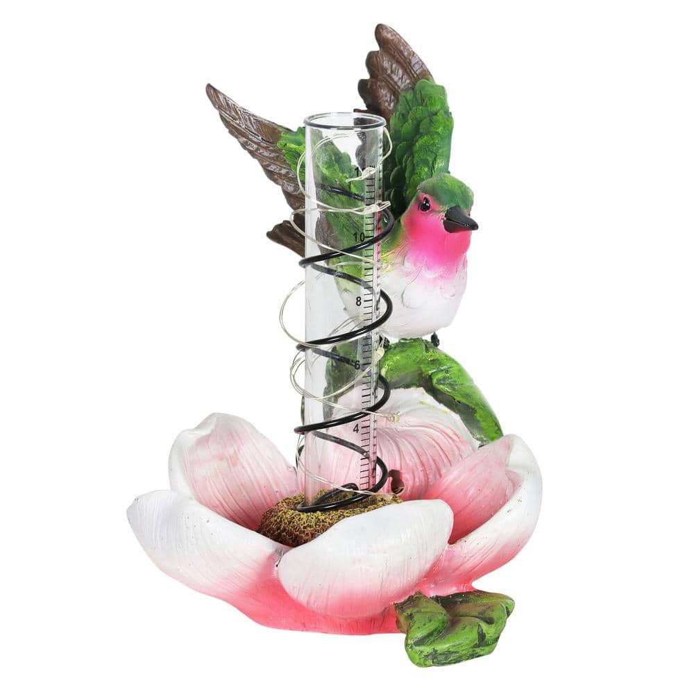 Solar Pink Flower and Hummingbird Garden Rain Gauge with LED Lights