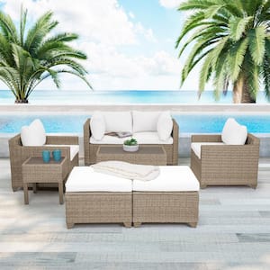 Maui 8-Piece Wicker Patio Conversation Set with Linen White Cushions