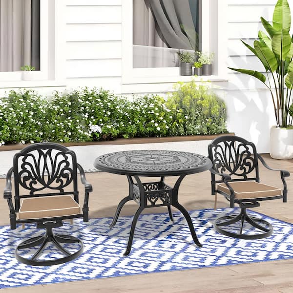 Elizabeth 3-Piece Cast Aluminum Patio Outdoor Dining Set with Round Dining Table, 2 Swivel Chairs and 2 Brown Cushions