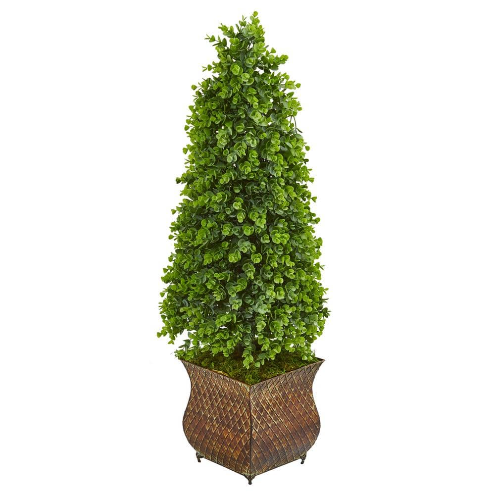 Nearly Natural Indoor/Outdoor 41 Eucalyptus Cone Topiary Artificial Tree in Metal Planter