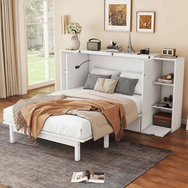 White Wood Frame Full Murphy Bed with Shelves, Drawers and USB Ports
