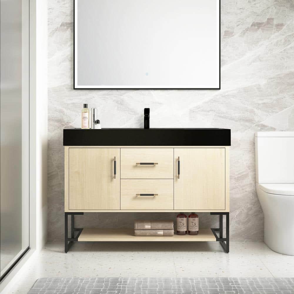 48 in. W Freestanding Single Sink Bath Vanity in Plain Light Oak with Black