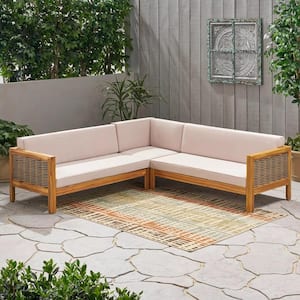 3-Piece Wood Rattan Conversation Set with Beige Cushions