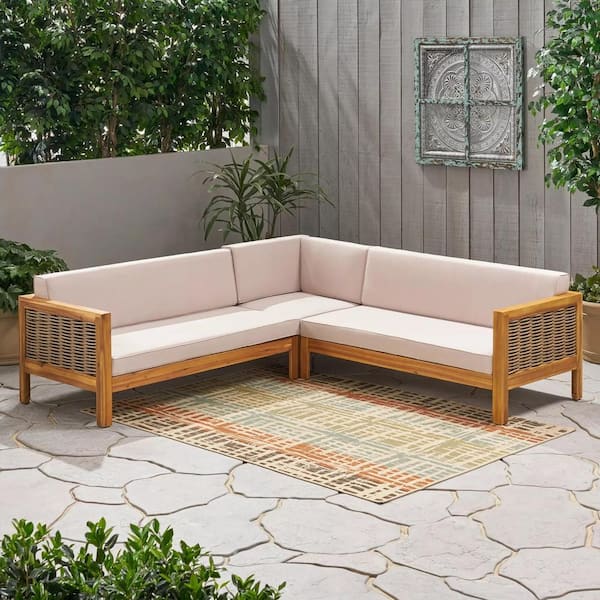 Misopily 3-Piece Wood Rattan Conversation Set with Beige Cushions