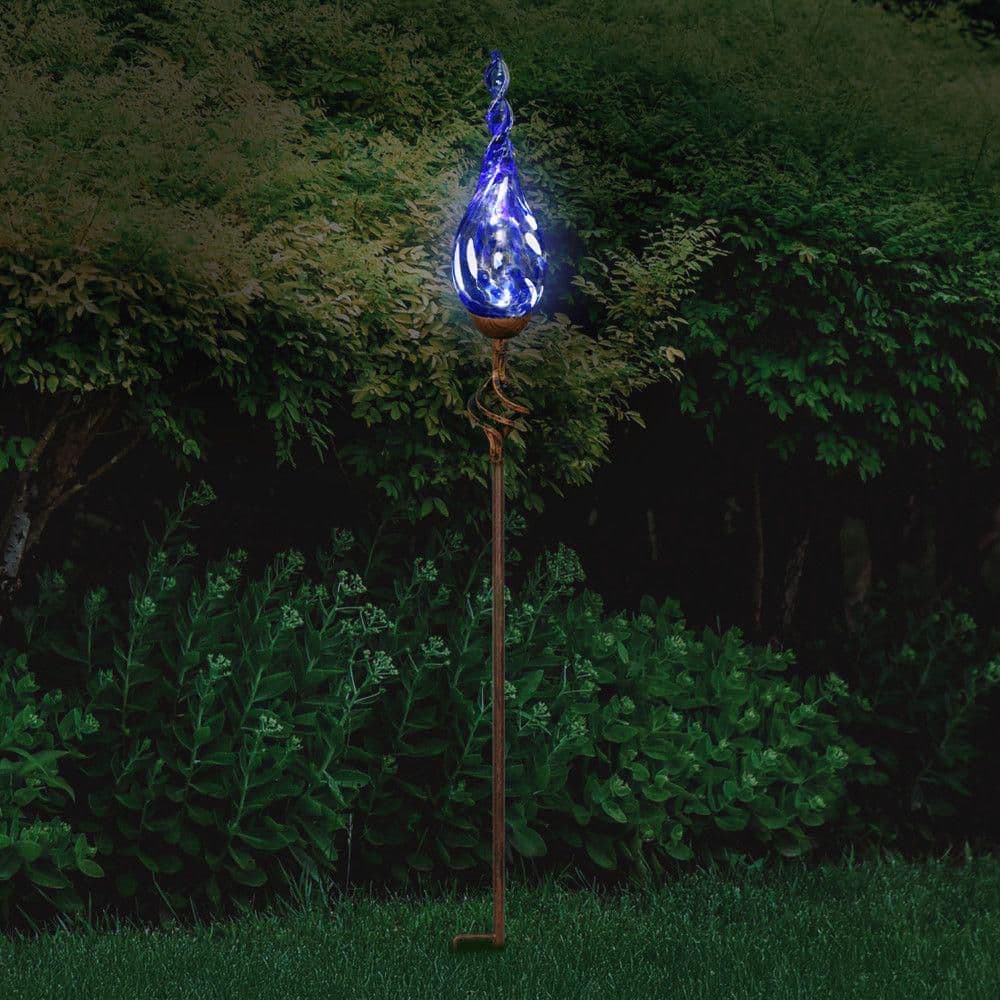 Blue Hand Blown Glass Flame Garden Stake with Metal Finial