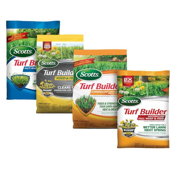 Scotts Turf Builder 4-Bag Lawn Fertilizer for Large Lawns with Halts, Weed and Feed5, SummerGuard and WinterGuard Weed and Feed
