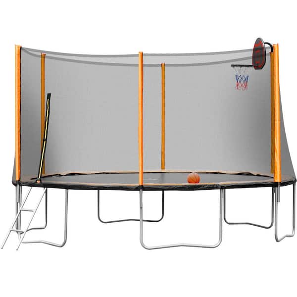 Merax 14 ft. Round Trampoline with Safety Enclosure Basketball Hoop Inflator and Ladder