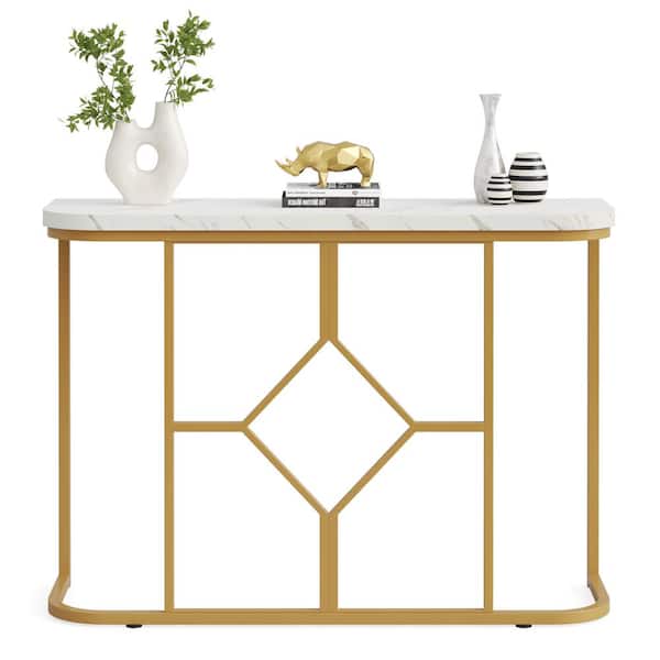 TRIBESIGNS WAY TO ORIGIN Benjamin 42.5 in. White Rectangle Faux Marble Wood Console Table with Gold Metal Base for Entryway Hallway Foyer