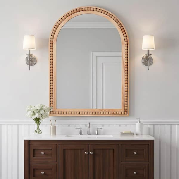 24 in. W x 36 in. H Arched Framed Wall Bathroom Vanity Mirror with Beaded Solid Wood Frame in Natural