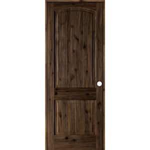 28 in. x 96 in. Knotty Alder 2-Panel Left-Hand Top Rail Arch V-Groove Black Stain Wood Single Prehung Interior Door