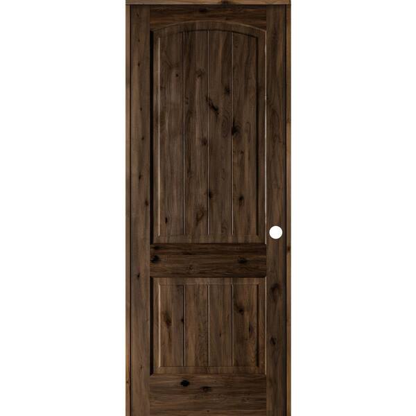 Krosswood Doors 28 in. x 96 in. Knotty Alder 2-Panel Left-Hand Top Rail Arch V-Groove Black Stain Wood Single Prehung Interior Door