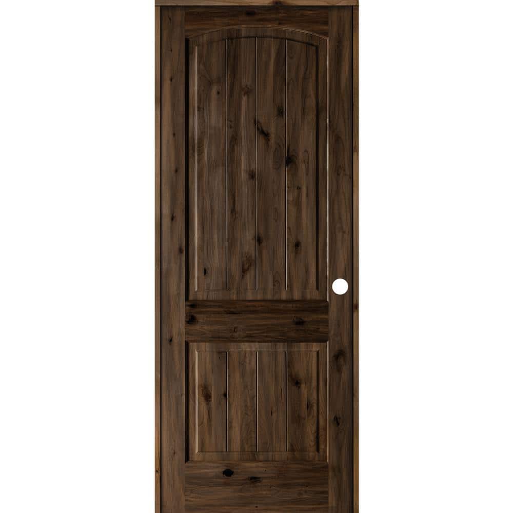 36 in. x 96 in. Knotty Alder 2-Panel Left-Hand Top Rail Arch V-Groove Black Stain Wood Single Prehung Interior Door price history on PriceWatchPro
