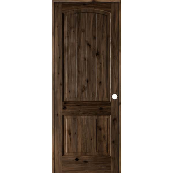 24 in. x 96 in. Knotty Alder 2 Panel Left-Hand Top Rail Arch V-Groove Black Stain Wood Single Prehung Interior Door
