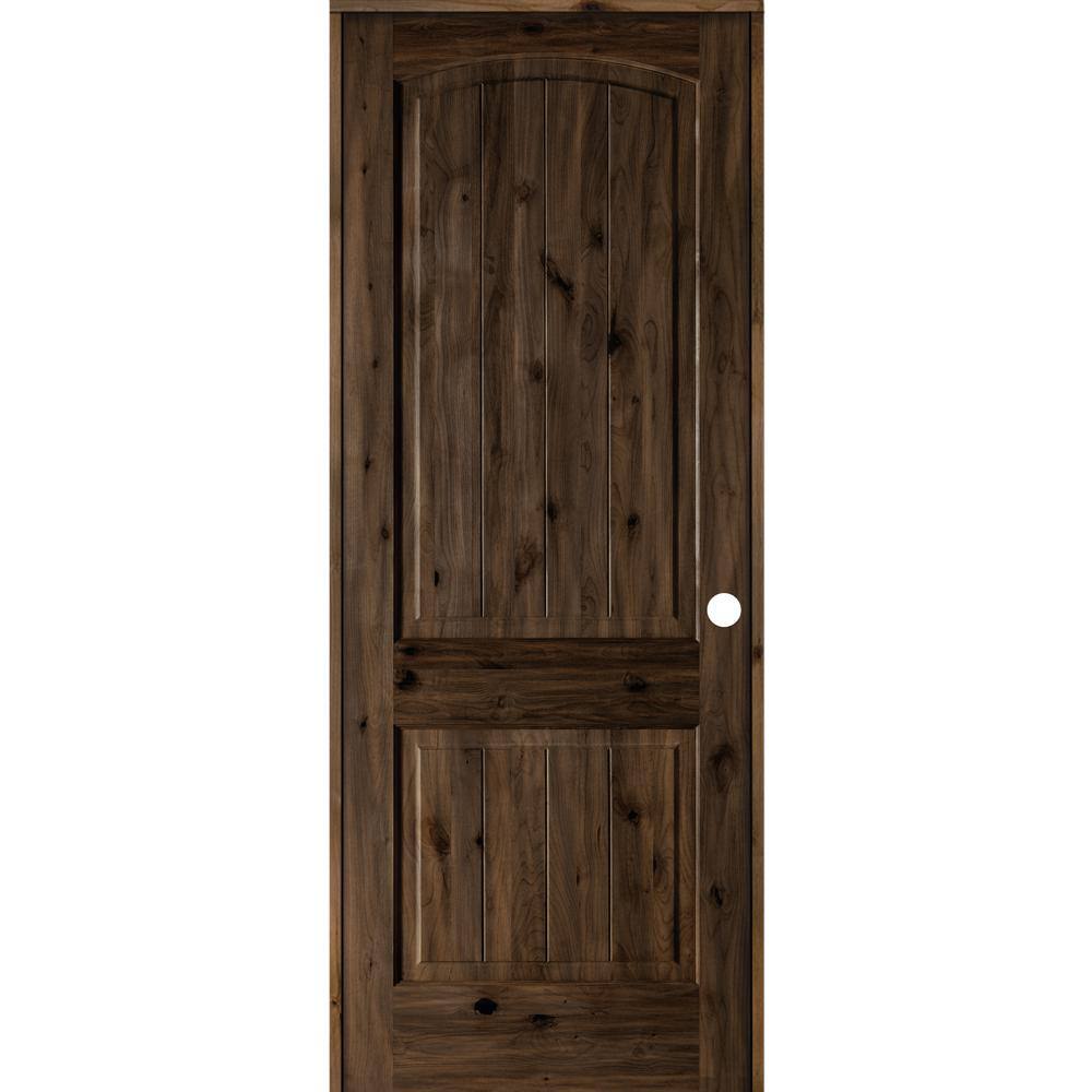28 in. x 96 in. Knotty Alder 2-Panel Left-Hand Top Rail Arch V-Groove Black