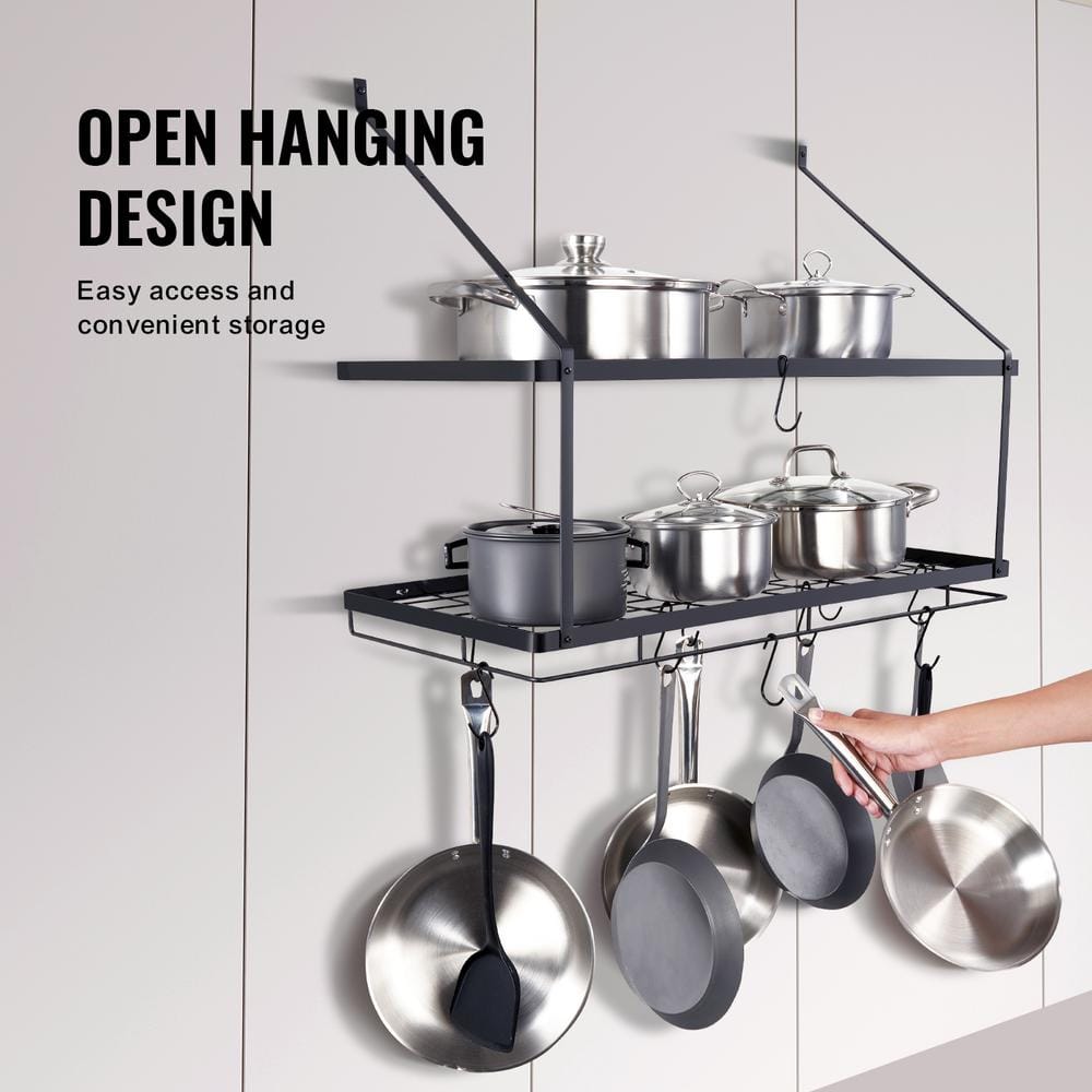 Black Metal Wall-Mounted Pot Rack with 12 Hooks