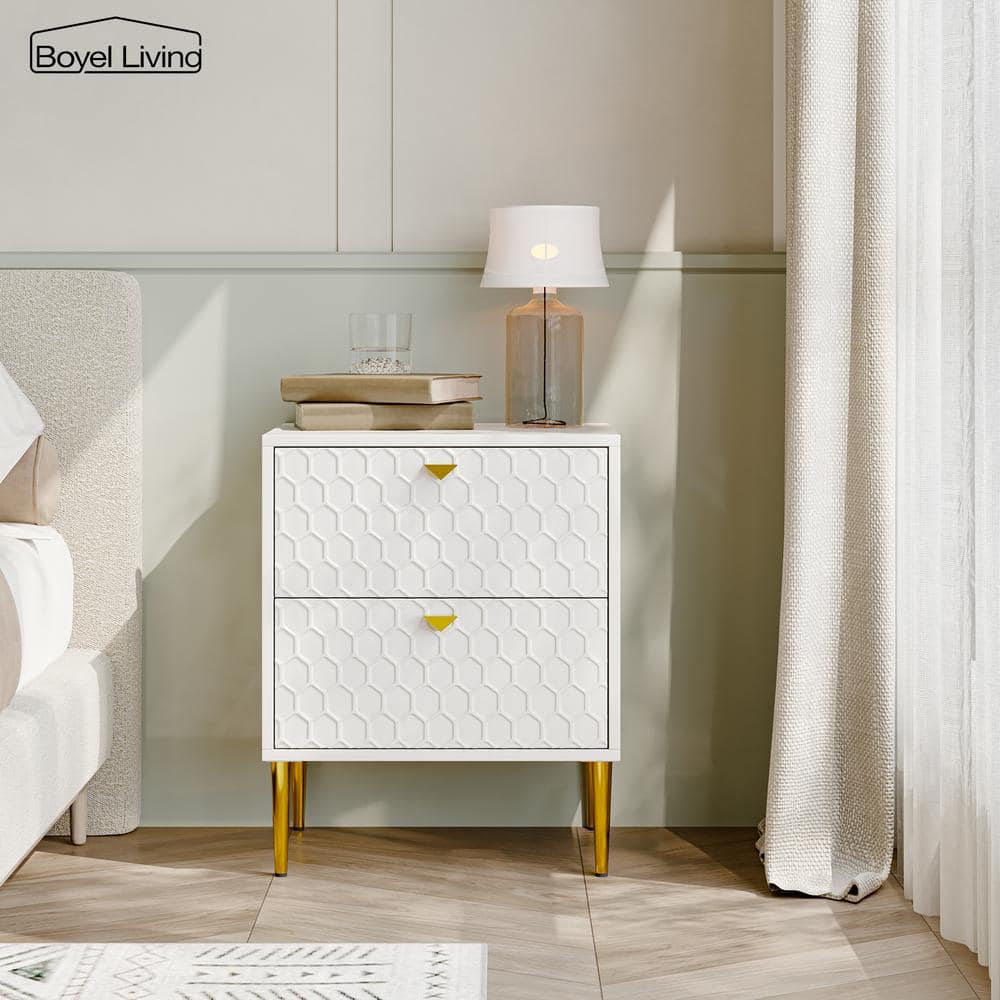 Hexagonal Pattern 2-Drawer White High Gloss Nightstand Accent Cabinet with 