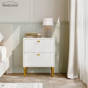 Hexagonal Pattern 2-Drawer White High Gloss Nightstand Accent Cabinet with Golden Stands