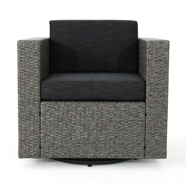 Unbranded Black Wicker Outdoor Lounge Chair, Patio Swivel Chair with Dark Grey Cushions for Backyard, Poolside, Garden or Porch