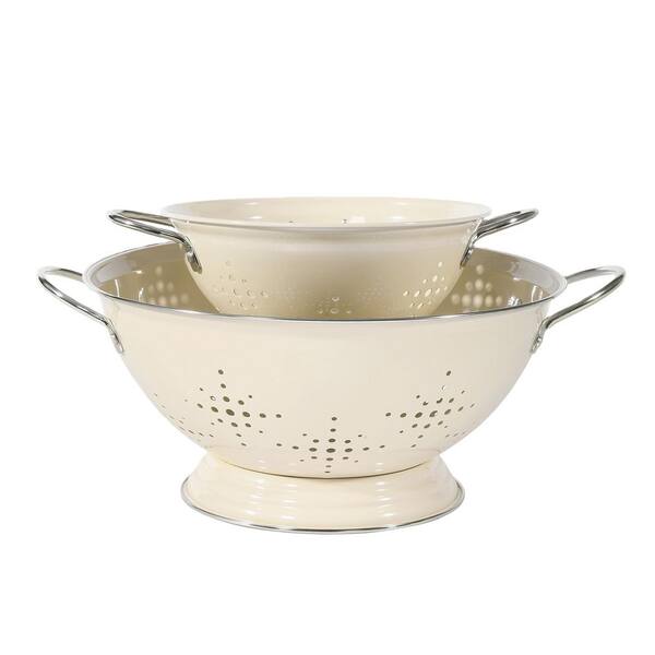Almond Cream 2 qt. & 6 qt. Metal Heavey Duty Colander with Handles, Powder Coated Solid Ring Base for Pasta Set of 2