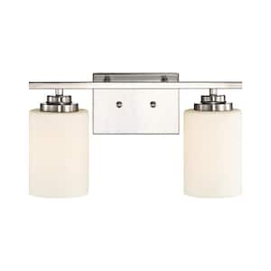 14 in. 2-Light Brushed Nickel Vanity Light with White Etched Glass Shades