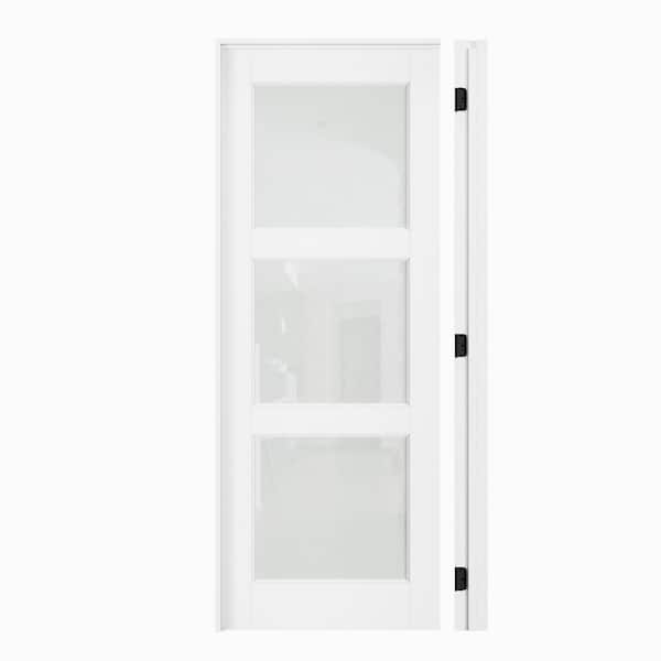 30 in. x 80 in. 3-Lite Frosted Glass Right Hand White Solid Core Glass Single Prehung Interior Door+ Quick Assemble Jamb