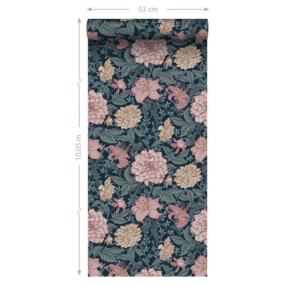 Persephone Blue and Pink Floral Non-Woven Wallpaper