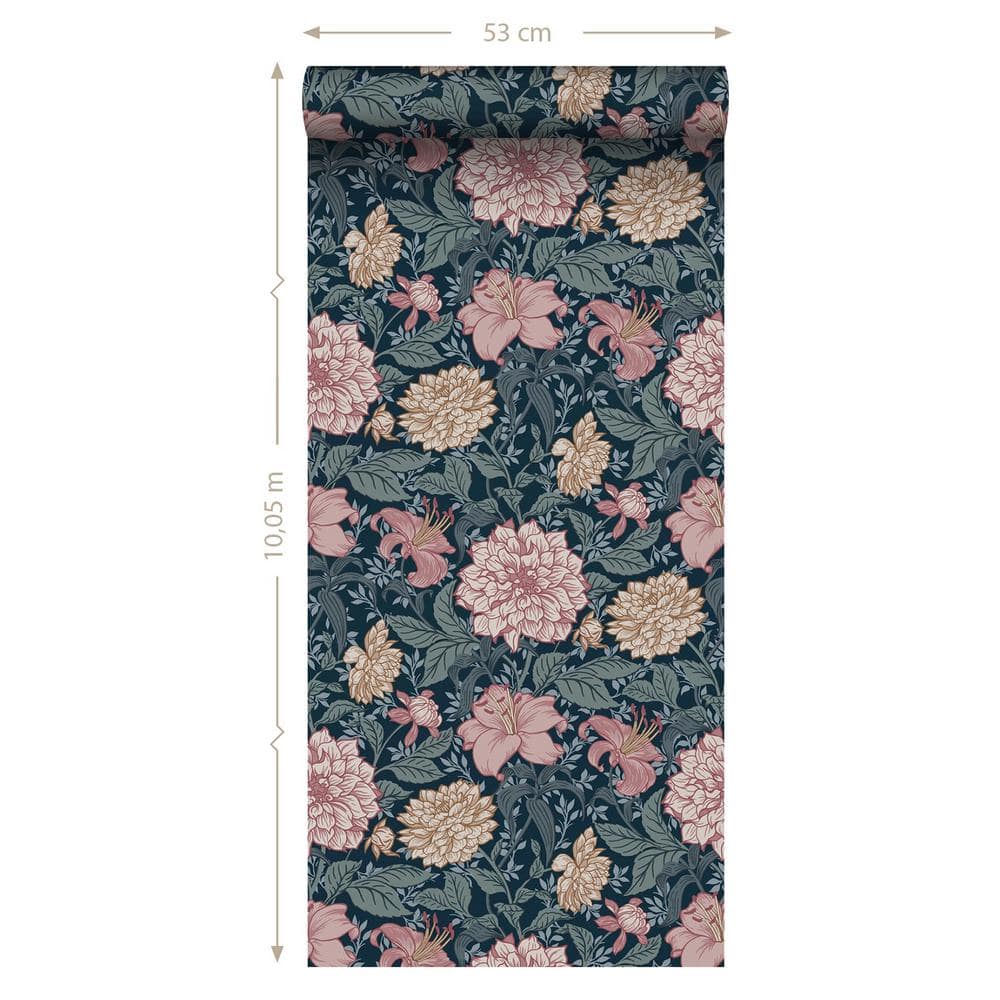 Persephone Blue and Pink Floral Non-Woven Wallpaper