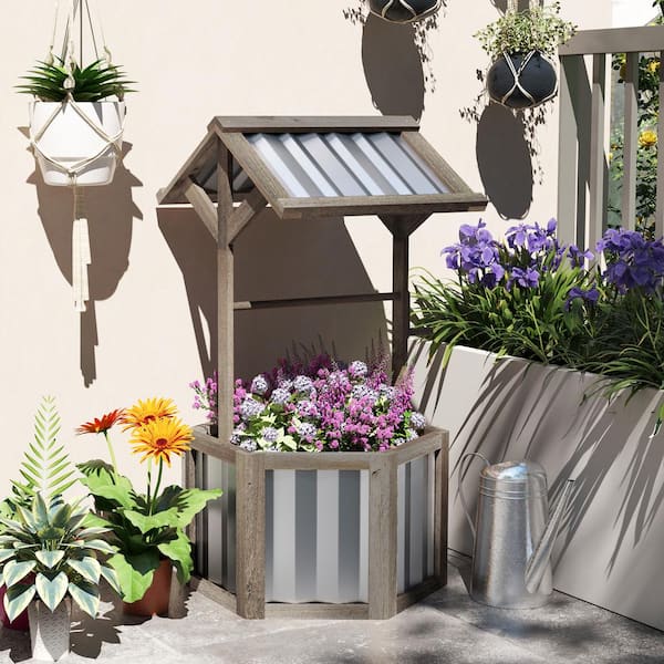 Outsunny - 25.6 in. Wood Wishing Well Planter with Galvanized Canopy, Light Gray(1-Pack)