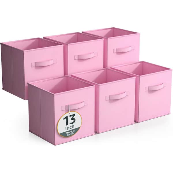 Large Storage Cubes with Handles, Pink 13 in. x 13 in. Fabric Decorative Basket Set of 6, Clothes and Closet Organizer