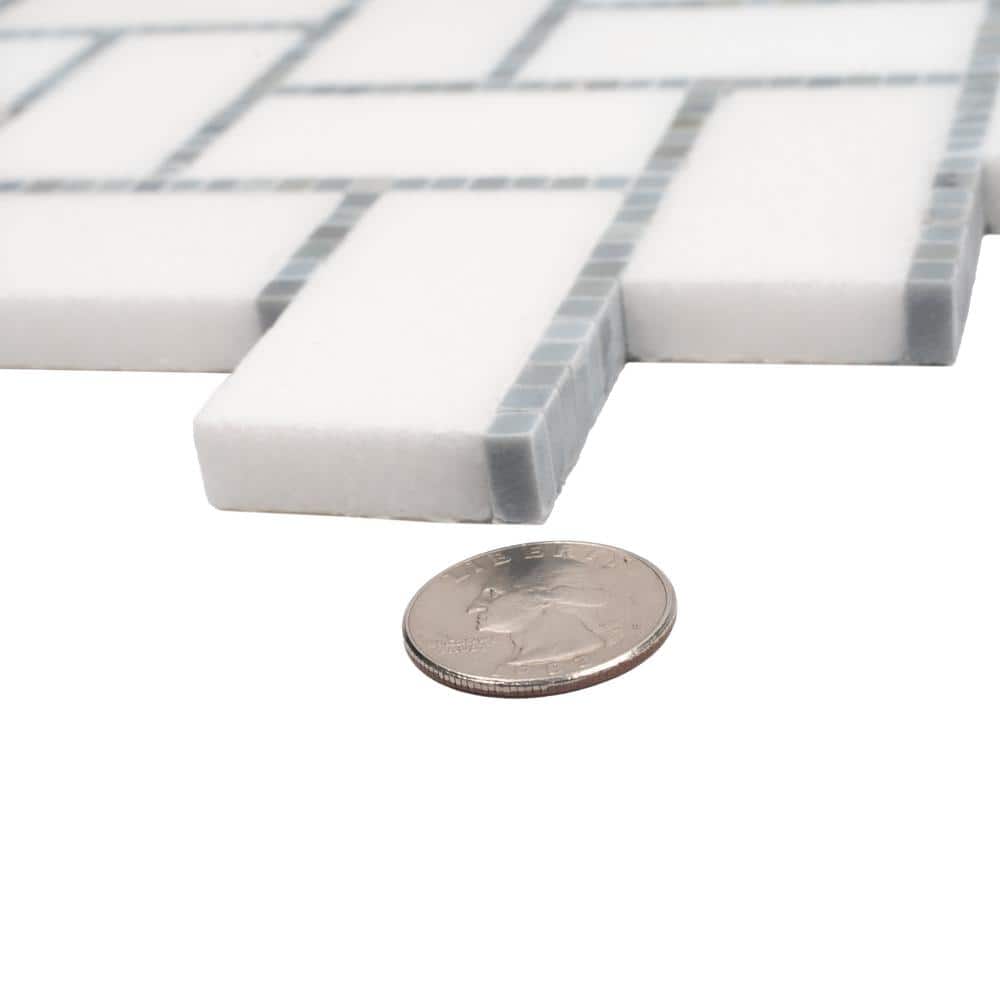 White and Gray Polished Herringbone Marble Mosaic Tile