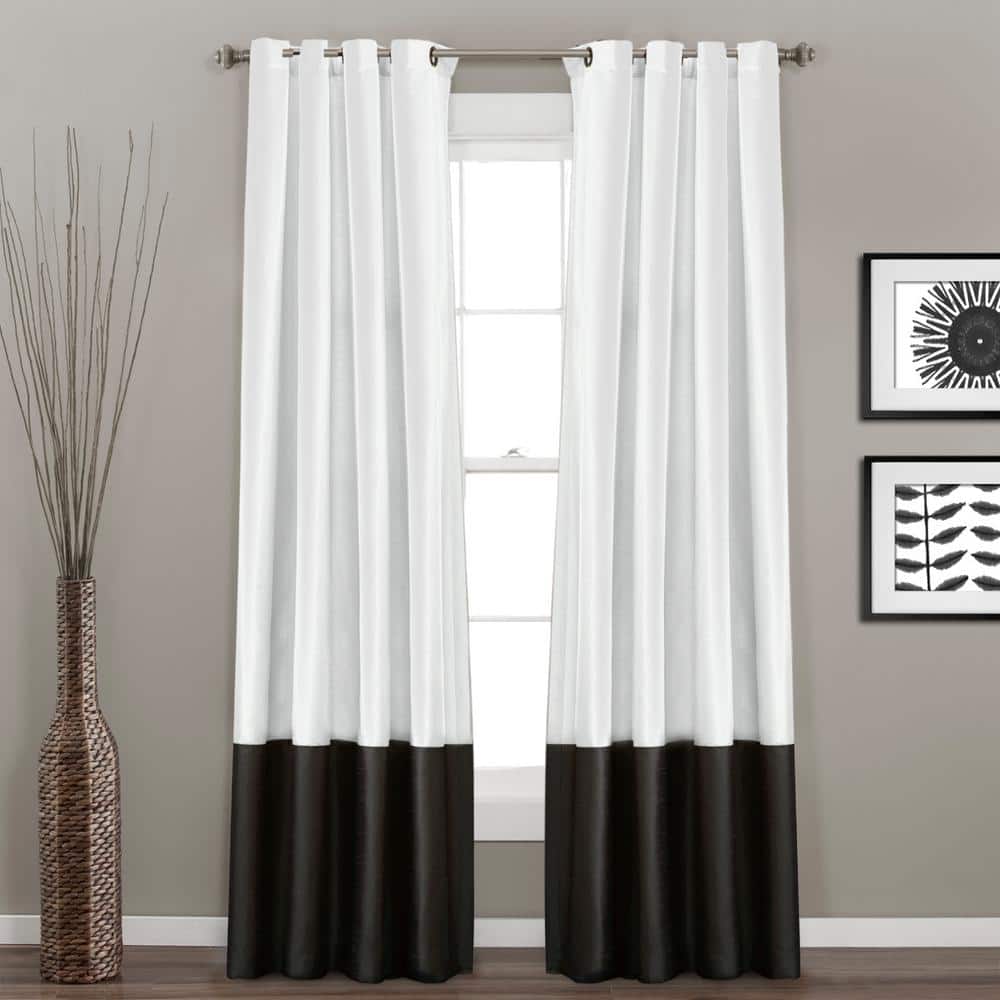 White and Black Faux Silk Light-Filtering Grommet Curtains, 54" x 95"