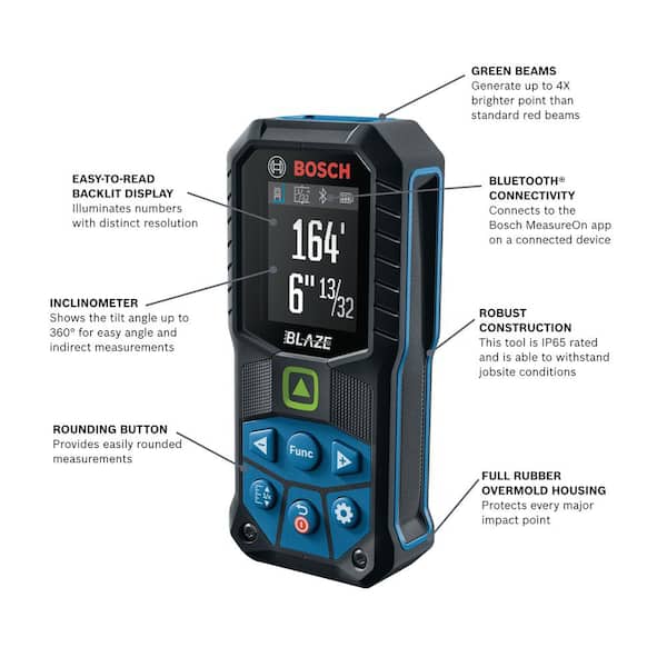 BLAZE 165 ft. Green Laser Distance Tape Measuring Tool, Bluetooth Plus 3.7V Lithium-Ion 1.0 Ah Battery with USB Charging