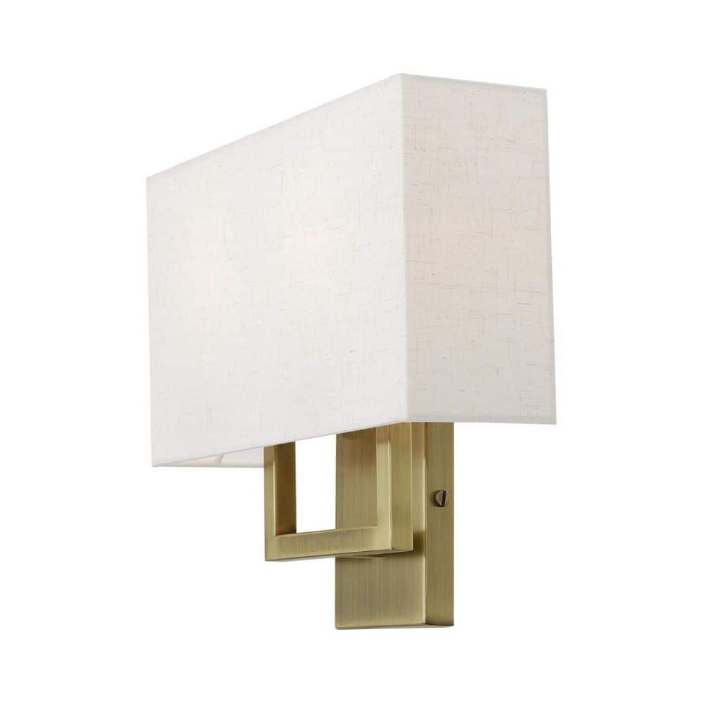 Antique Brass 2-Light Sconce with Oatmeal Fabric Shade