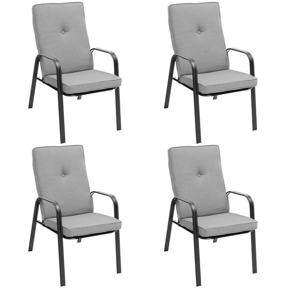 Black Steel Outdoor Dining Chairs with Grey Cushions, Set of 4
