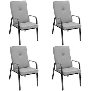 Patio Metal Stackable Outdoor Dining Chairs with Gray High-Back Cushions (4-Pack)