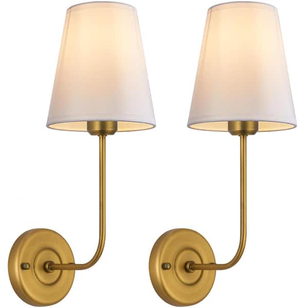 Hardwired Wall Sconces Set of 2 Vintage Industrial Flared White Fabric Shade for Living Room Bedroom Bedside