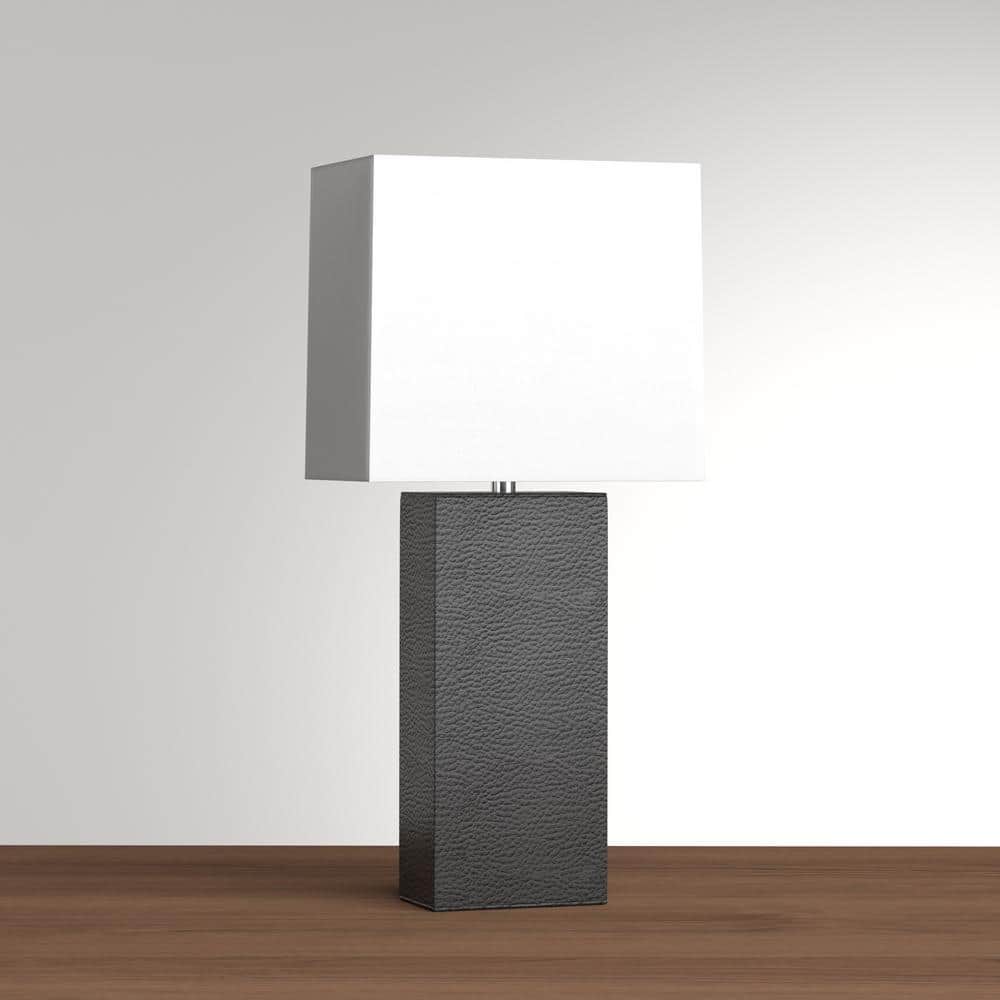 Modern Black Leather Rectangular Table Lamp with White Fabric Shade