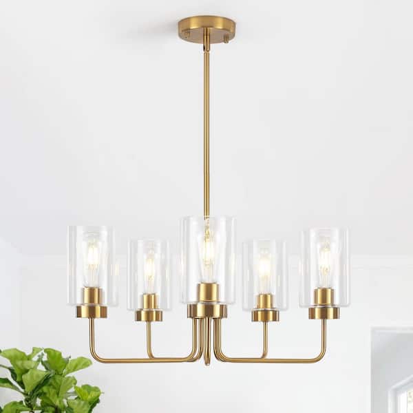 22 in.  5-Light Gold Contemporary Transitional Chandelier with Clear Glass Shade for Dining Room