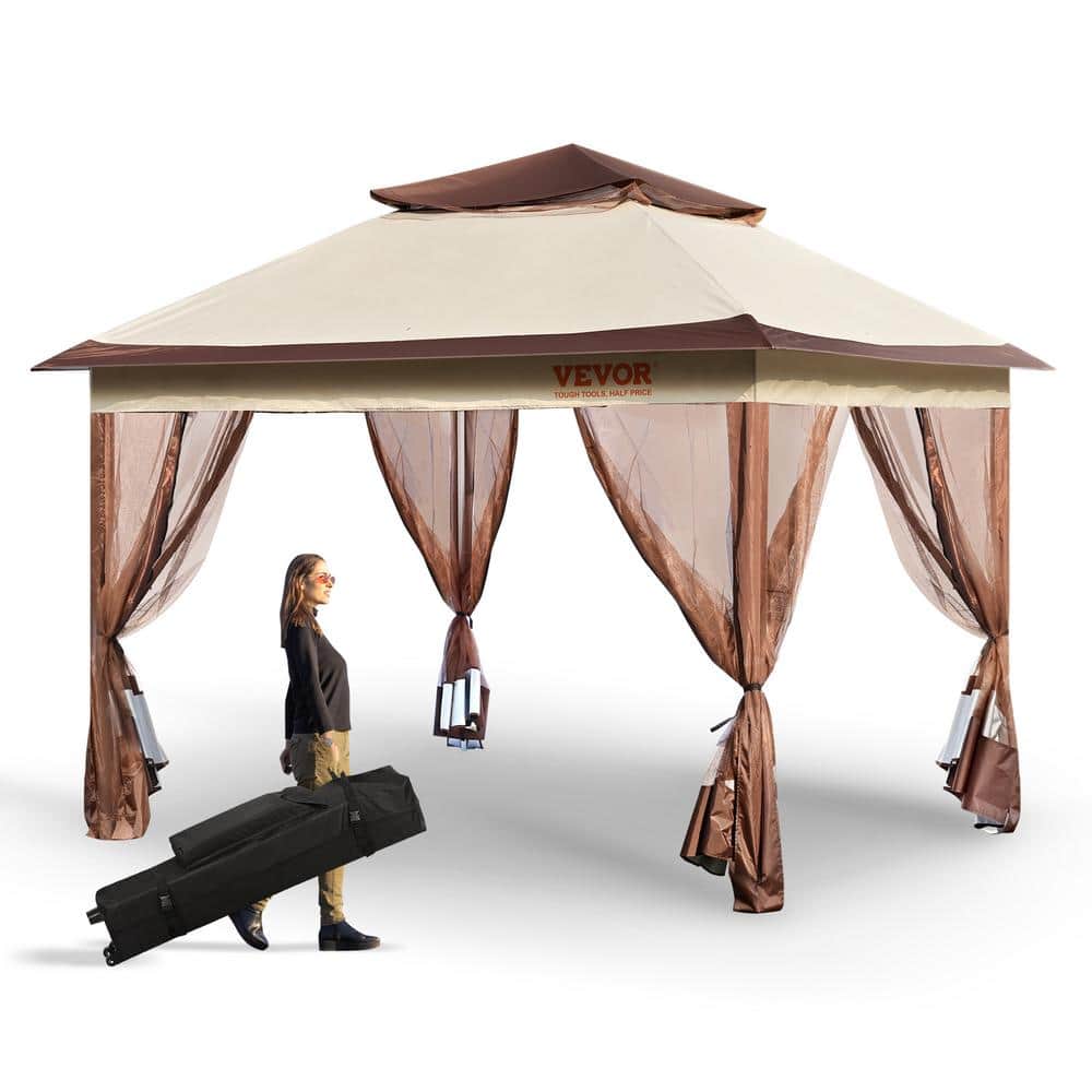 Brown 11x11 ft Pop-Up Gazebo with Mosquito Netting