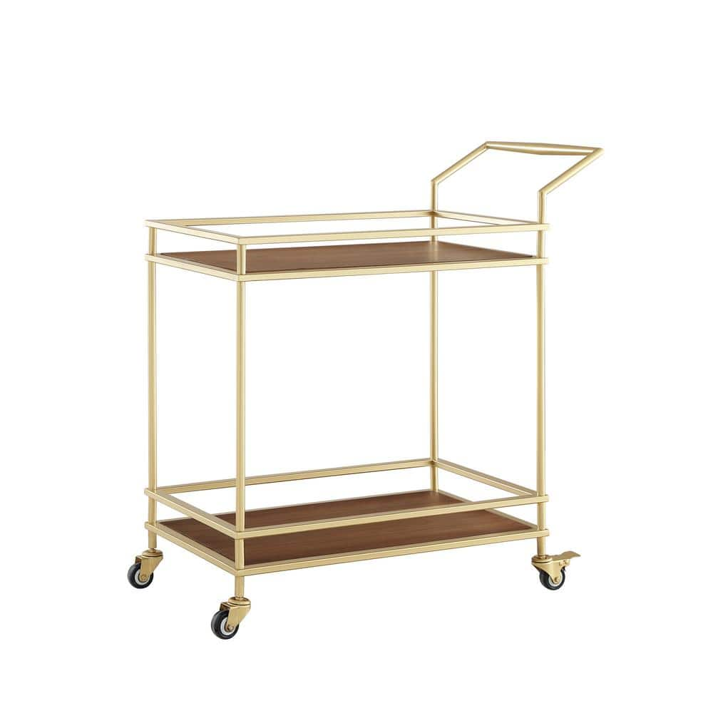 Nicole Miller Kenji Gold/Walnut Bar Cart with Open Wine Bottle and ...