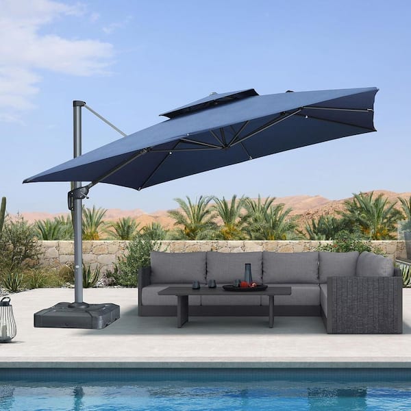 12 ft. Square Sunbrella Double Top Outdoor Aluminum 360° Rotation Cantilever Patio Umbrella in Navy Blue, with Base