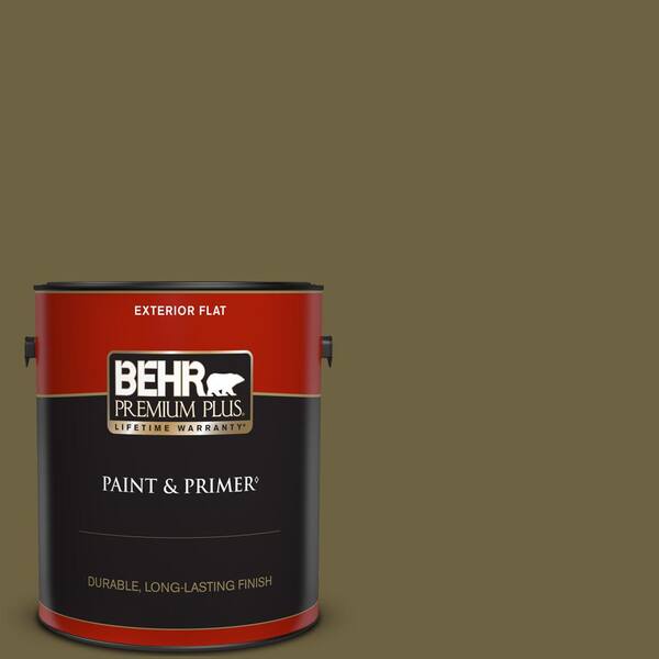 BEHR PREMIUM PLUS 1 gal. #ICC-88 Classic Olive Flat Exterior Paint & Primer